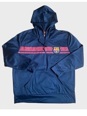 FCB Barcelona Soccer Club Pullover Hoodie Men XL Blue Lightweight Pockets Futbol